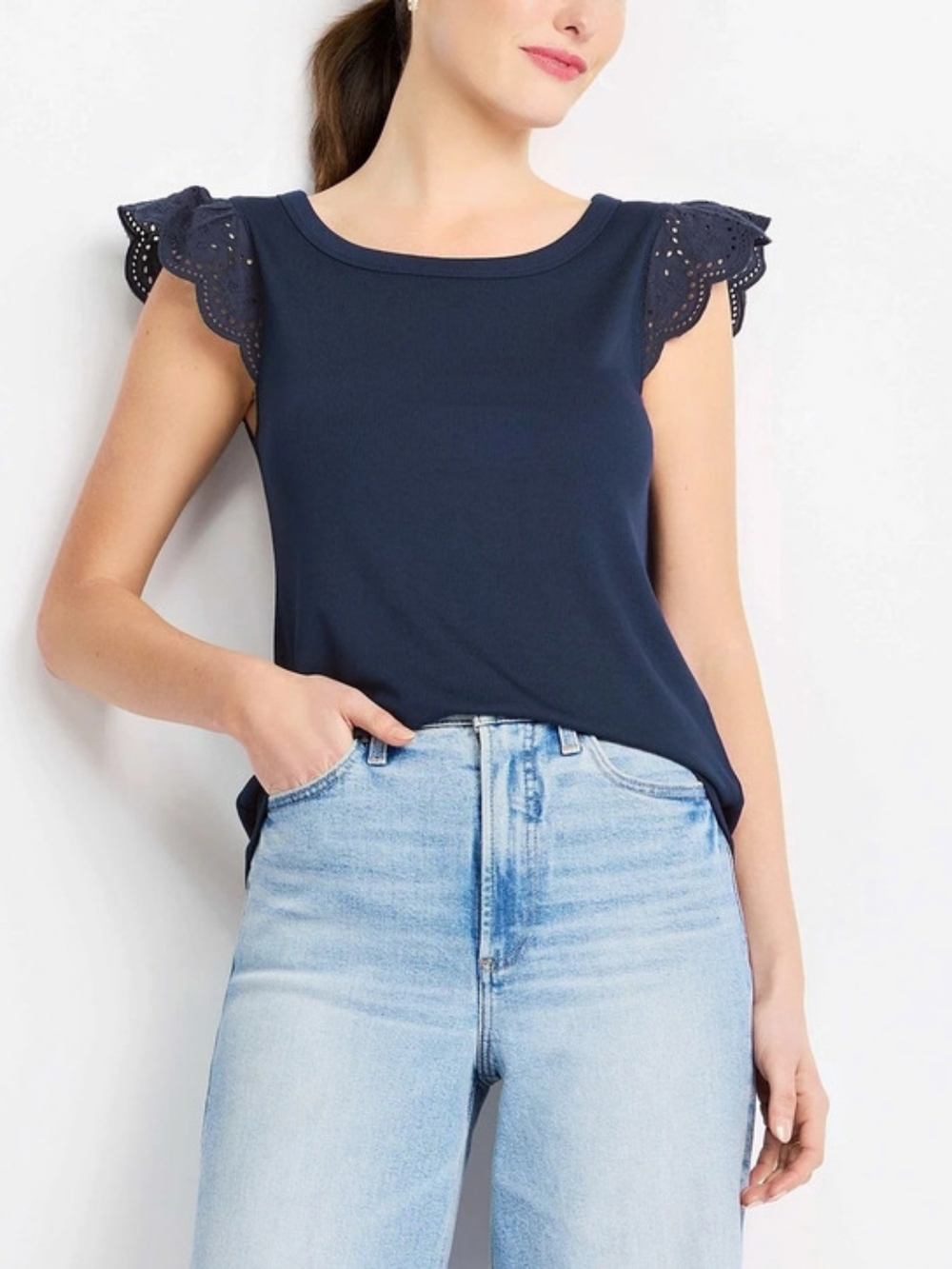 Market & Spruce Everly Eyelet Mixed Media Ribbed Tee - Navy Blue - Size XL